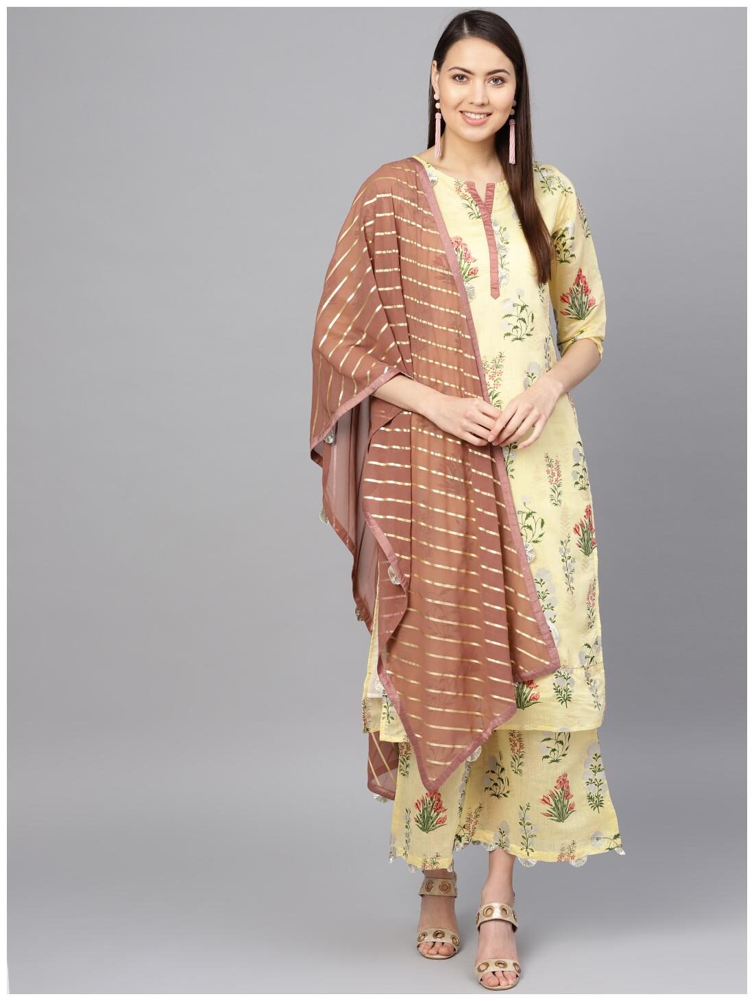 

Ahalyaa Women Yellow Printed Straight Kurta With Palazzo And Dupatta