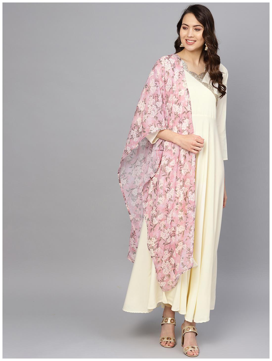 

Ahalyaa Crepe Solid Kurta Dupatta Set Cream