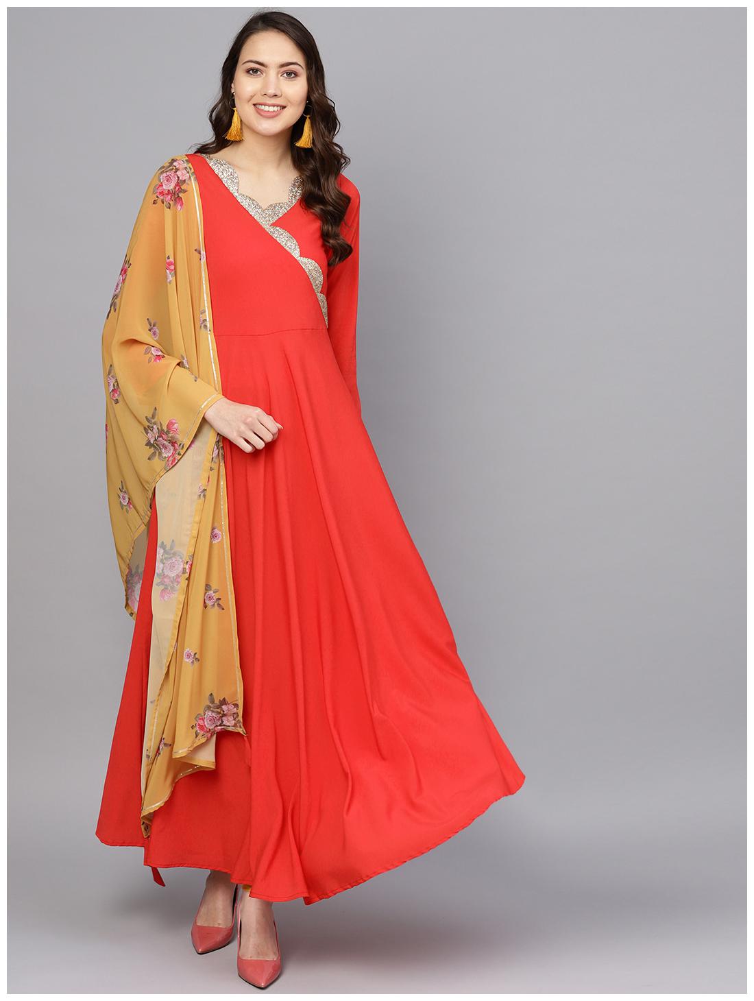 

Ahalyaa Crepe Solid Kurta Dupatta Set Red