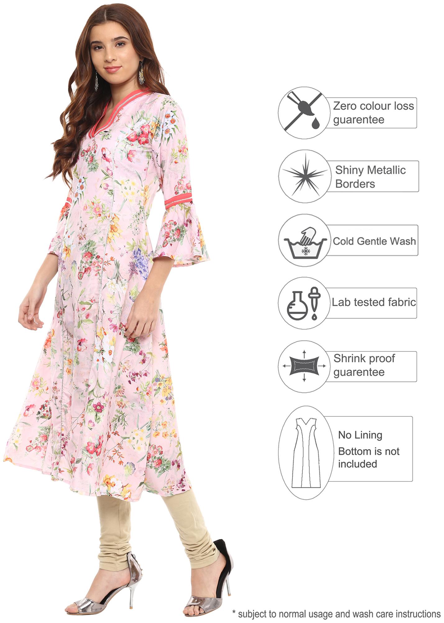 

Ahalyaa Floral Pink Flared Kurta with Gota Detailing
