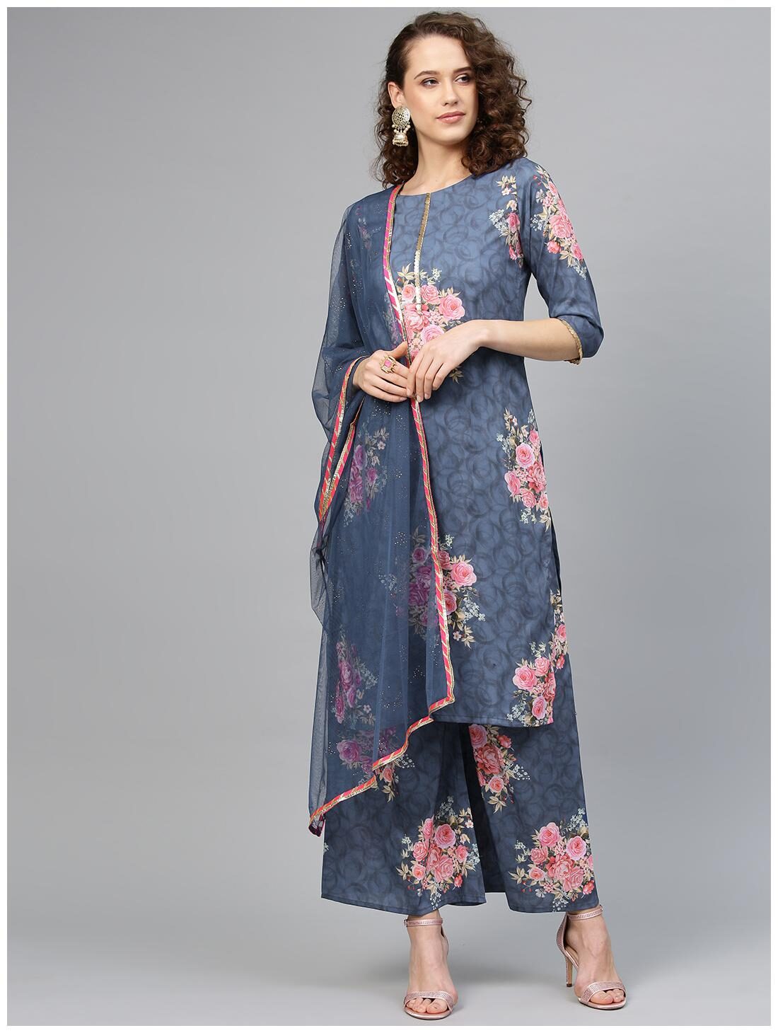 

Ahalyaa Women Blue Floral Straight Kurta With Palazzo And Dupatta