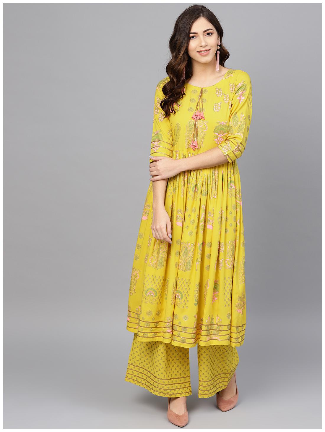 

Ahalyaa Women Yellow Ethnic Motifs Anarkali Kurta With Palazzo