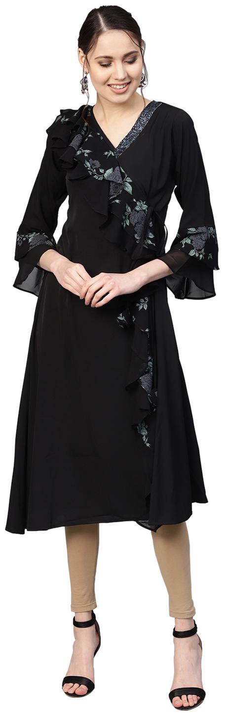 

Ahalyaa Women Black Floral Angrakha Kurta