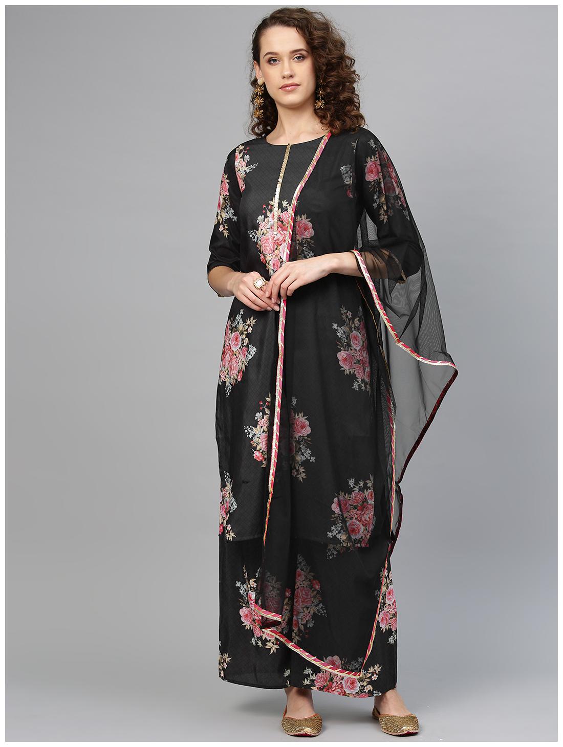 

Ahalyaa Women Black Floral Straight Kurta With Palazzo And Dupatta