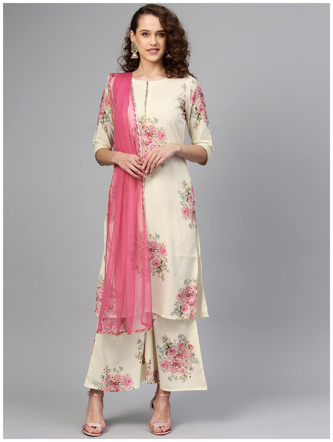 

Ahalyaa Women Cream Floral Straight Kurta With Palazzo And Dupatta