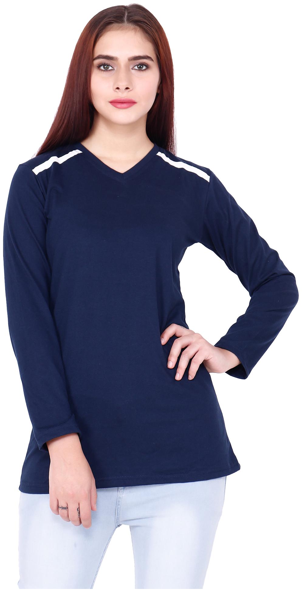 

AISA FASHION Women Blue Regular fit V neck Cotton T shirt