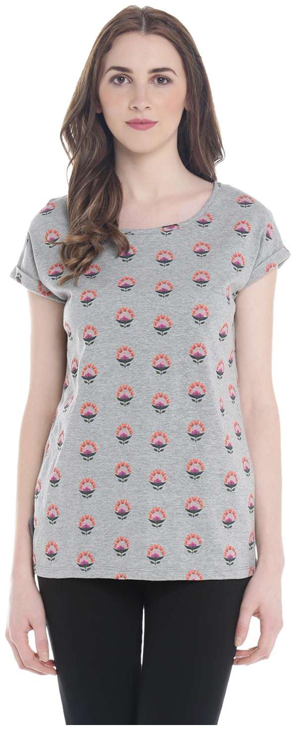 

Ajile By Pantaloons Women Grey Regular fit Round neck Cotton T shirt