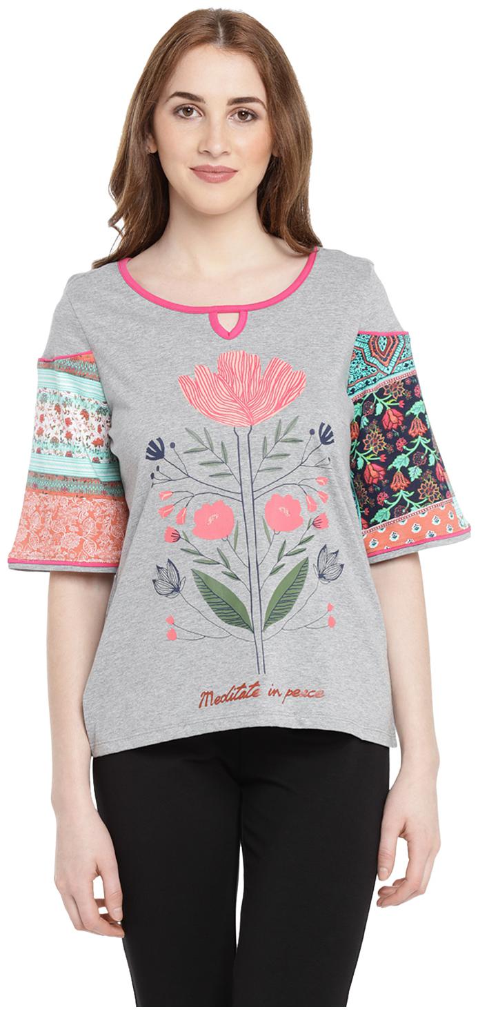 

Ajile By Pantaloons Women Grey Regular fit Round neck Cotton T shirt
