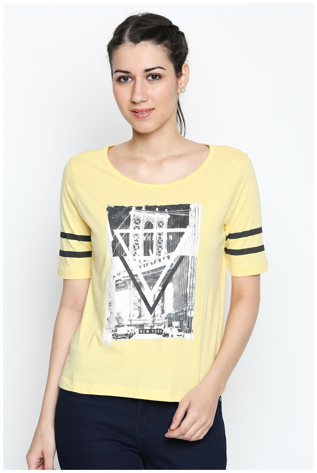 

Ajile By Pantaloons Women Yellow Regular fit Round neck Cotton T shirt