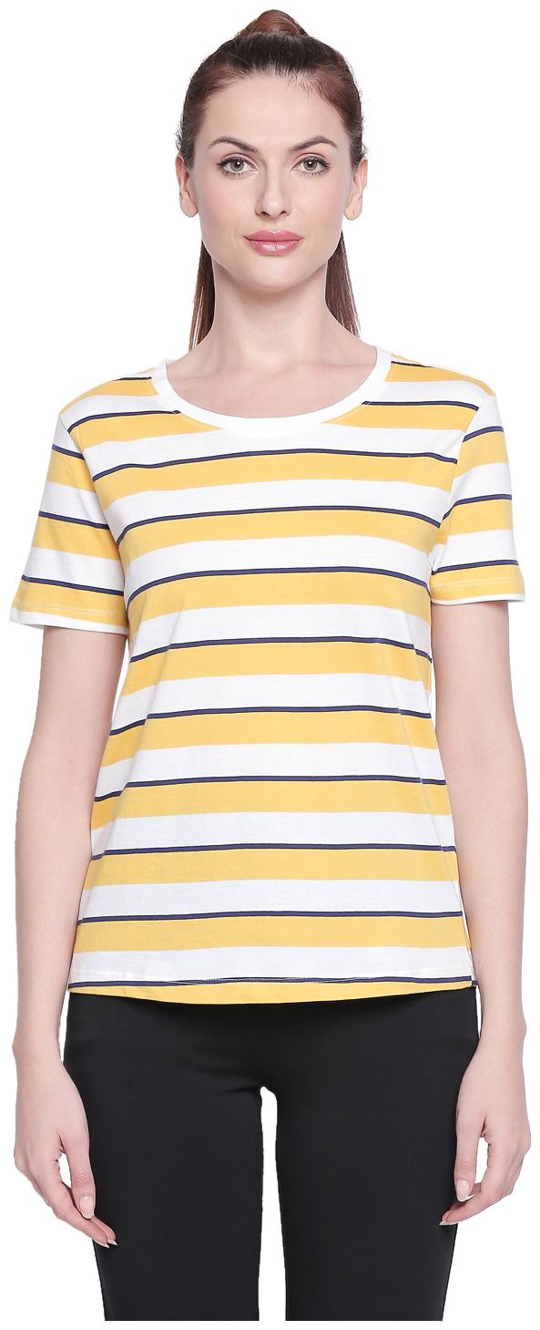 

Ajile By Pantaloons Women Yellow White Regular fit Round neck Cotton T shirt