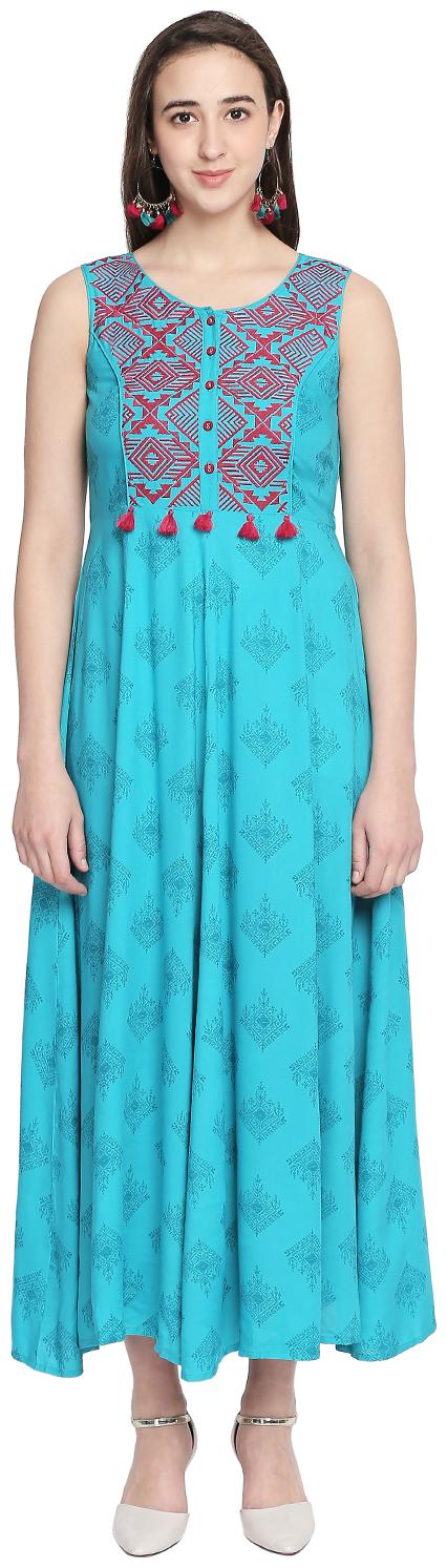 

Akkriti By Pantaloons Women Turquoise Printed Assymetrical Kurta