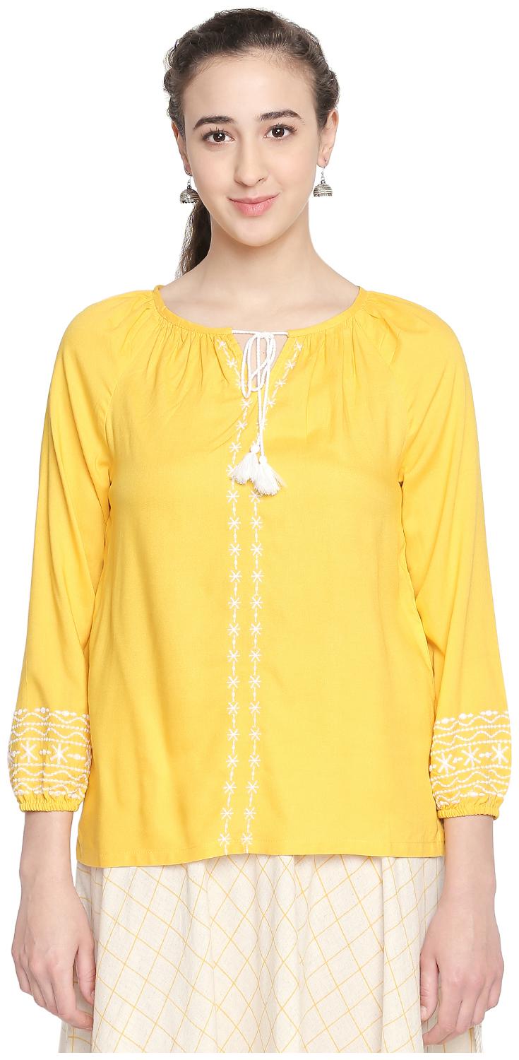 

Akkriti By Pantaloons Women Rayon Embroidered Regular Top Yellow