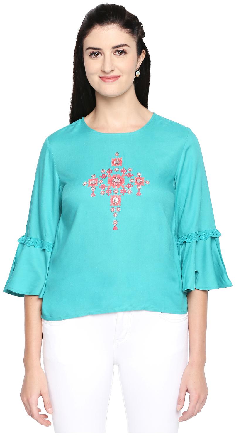 

Akkriti By Pantaloons Women Rayon Printed Regular Top Turquoise