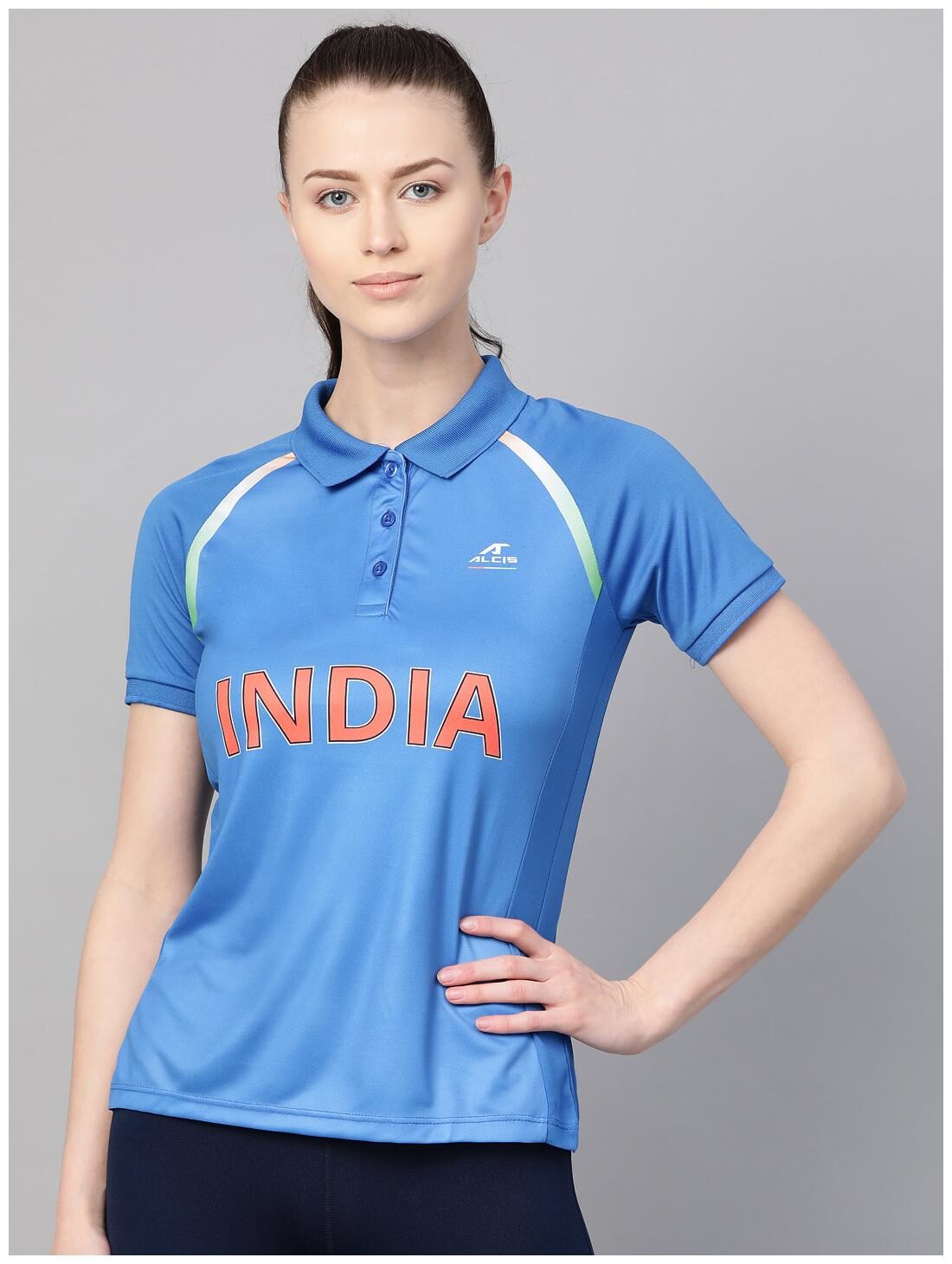 

Alcis Women Blue Regular fit Polo neck Polyester T shirt