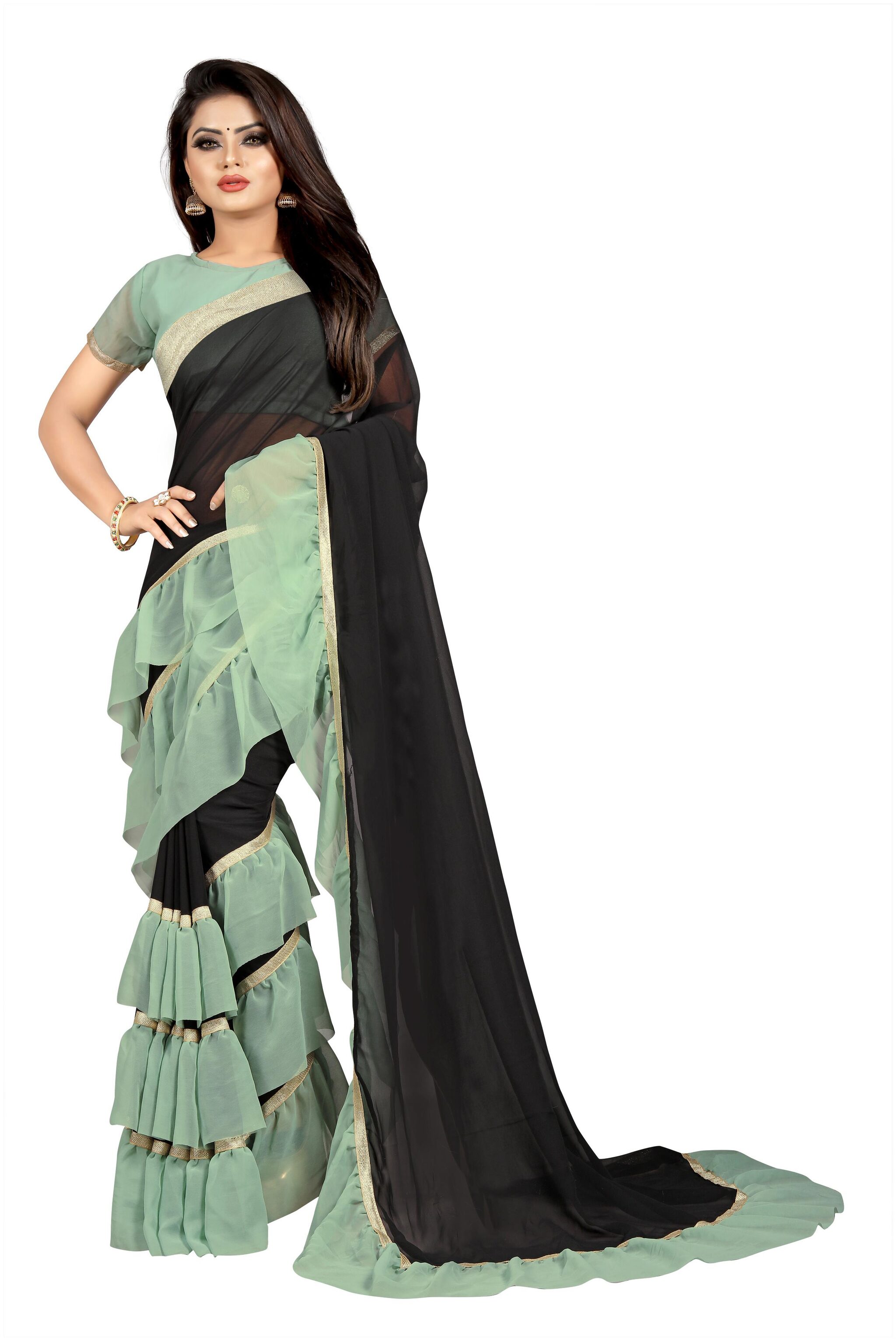 

Aldwych Black Green Solid Universal Regular Saree With Blouse With blouse
