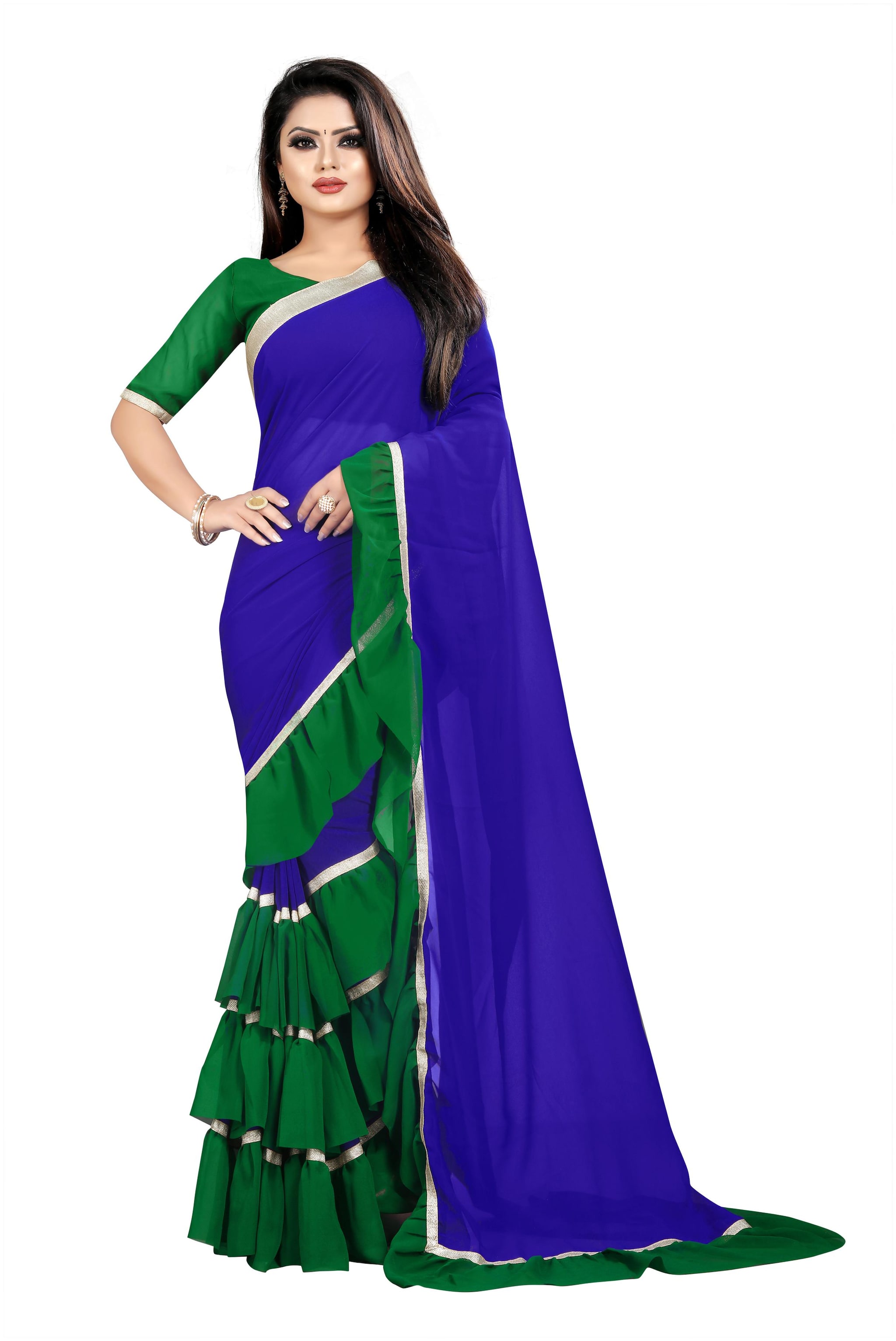 

Aldwych Blue Green Solid Universal Regular Saree With Blouse With blouse