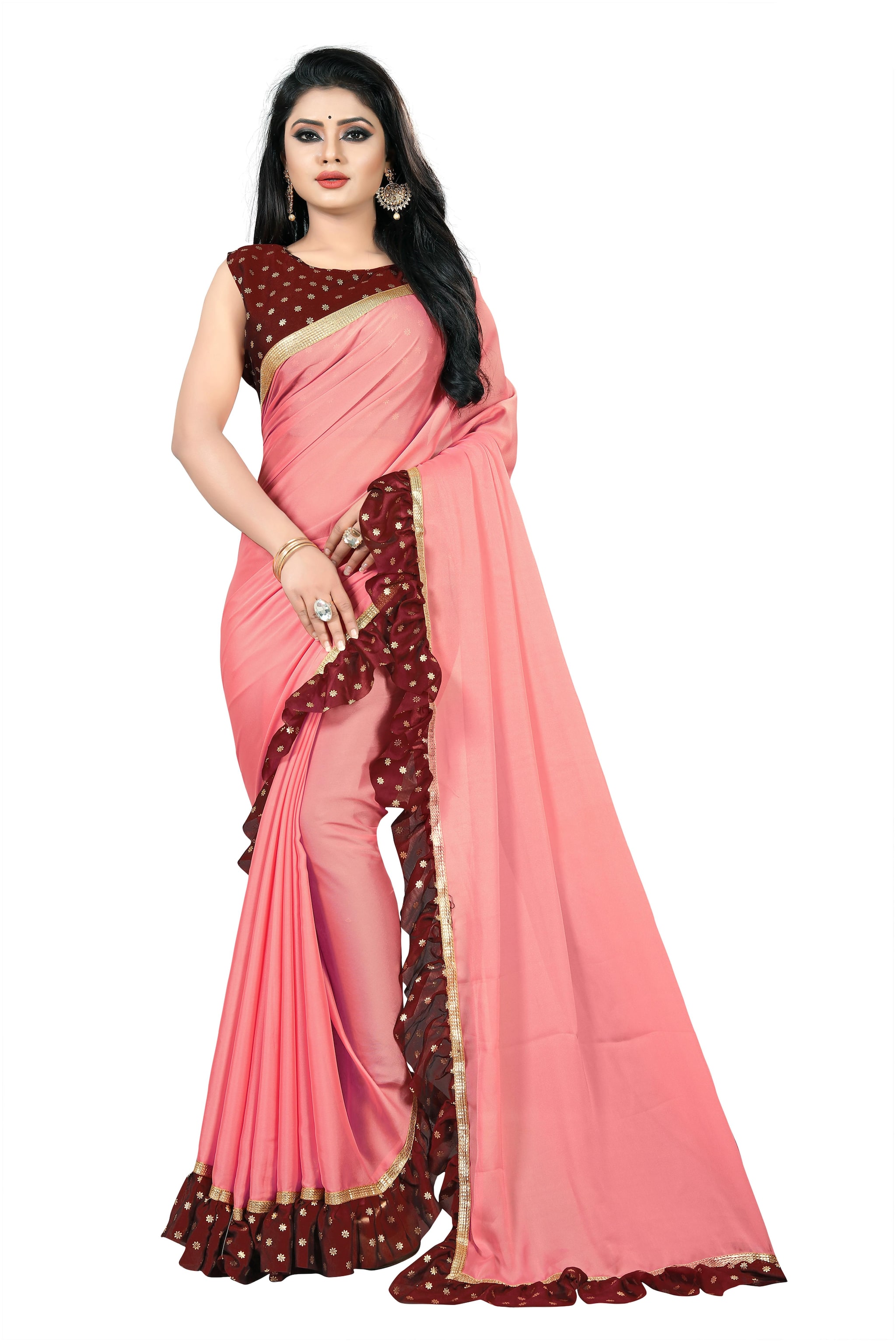 

Aldwych Peach Solid Universal Regular Saree With Blouse With blouse