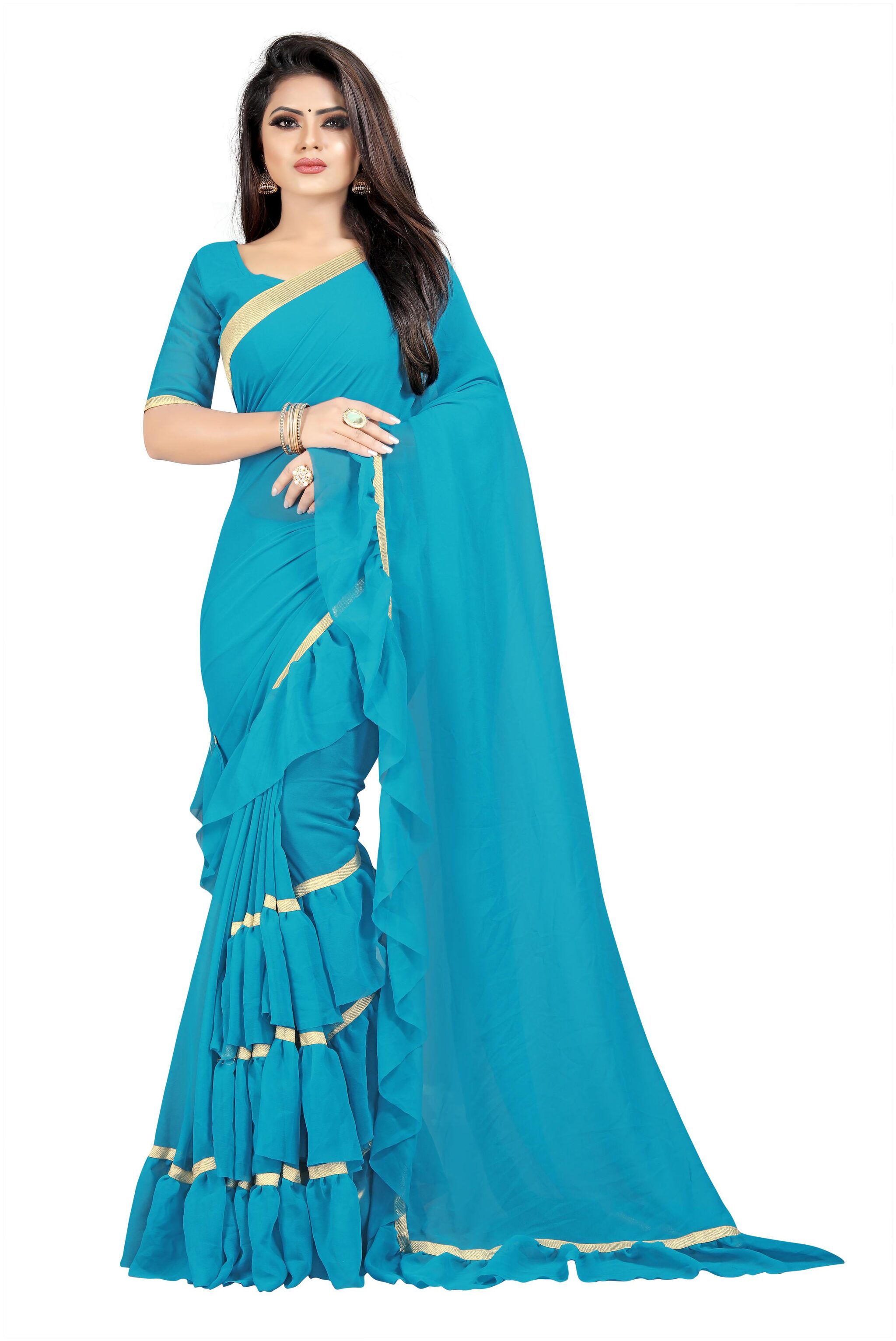 

Aldwych Turquoise Solid Universal Regular Saree With Blouse With blouse