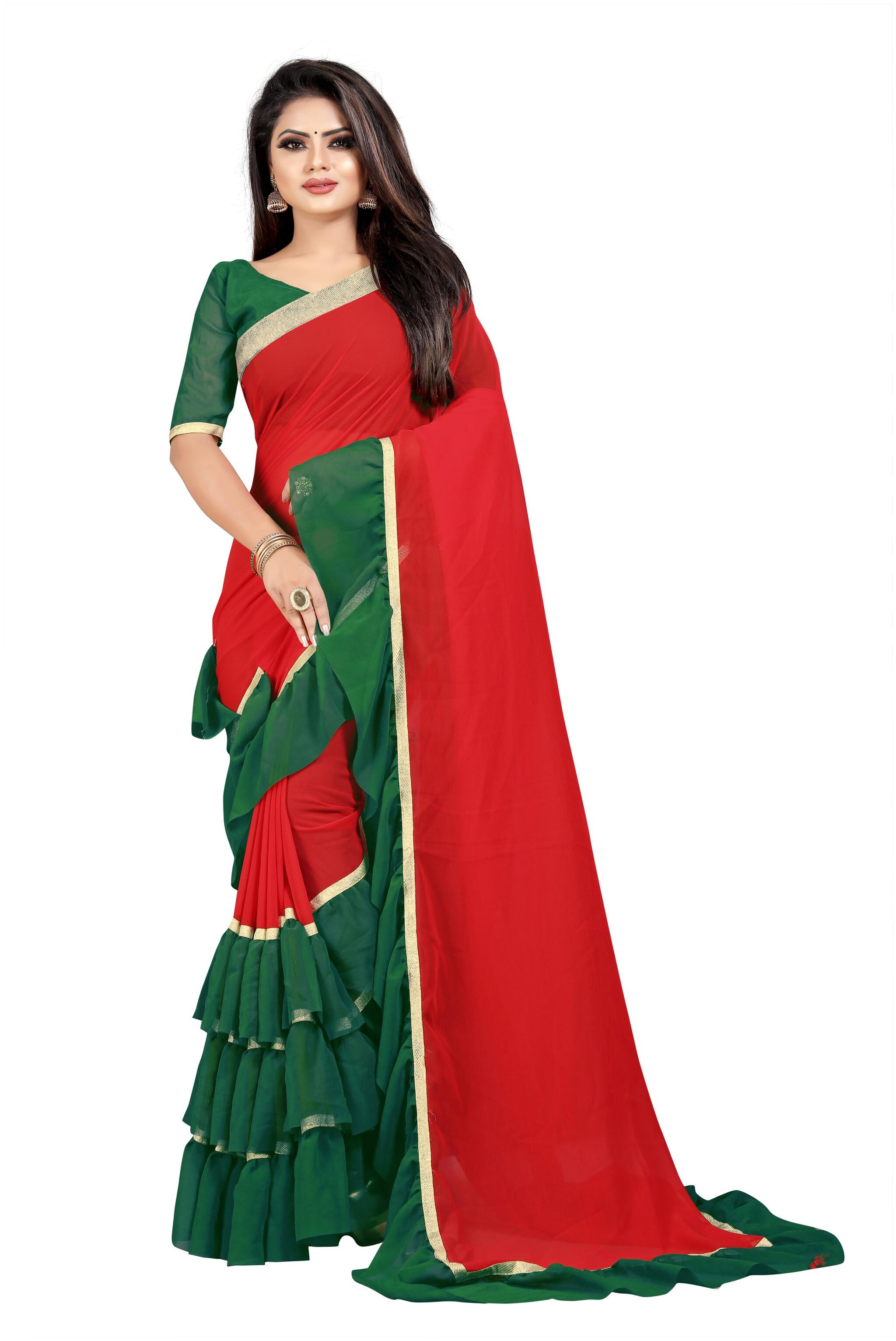 

Aldwych Red Green Solid Universal Regular Saree With Blouse With blouse