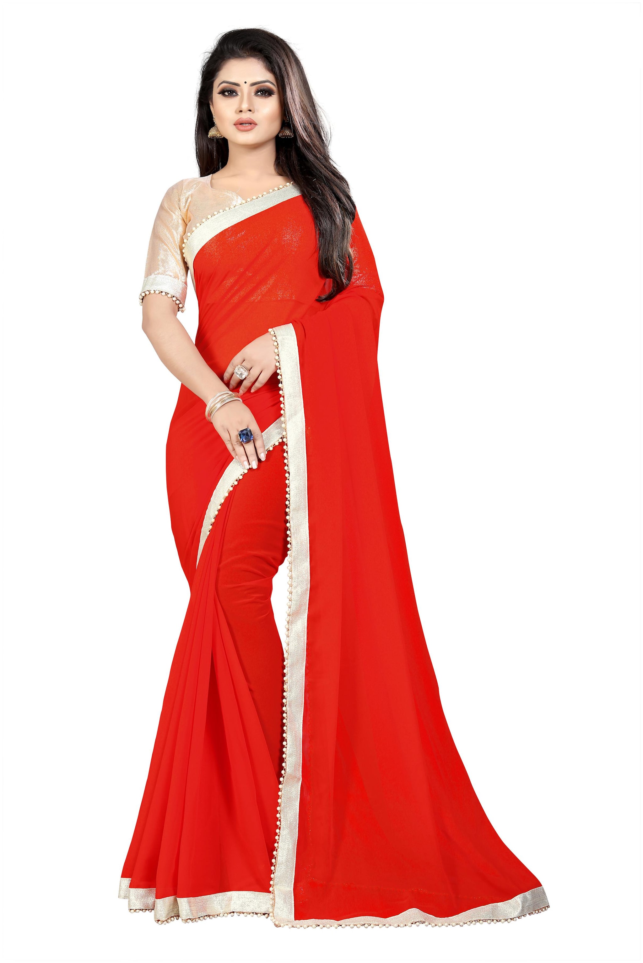 

Aldwych Red Solid Universal Regular Saree With Blouse With blouse