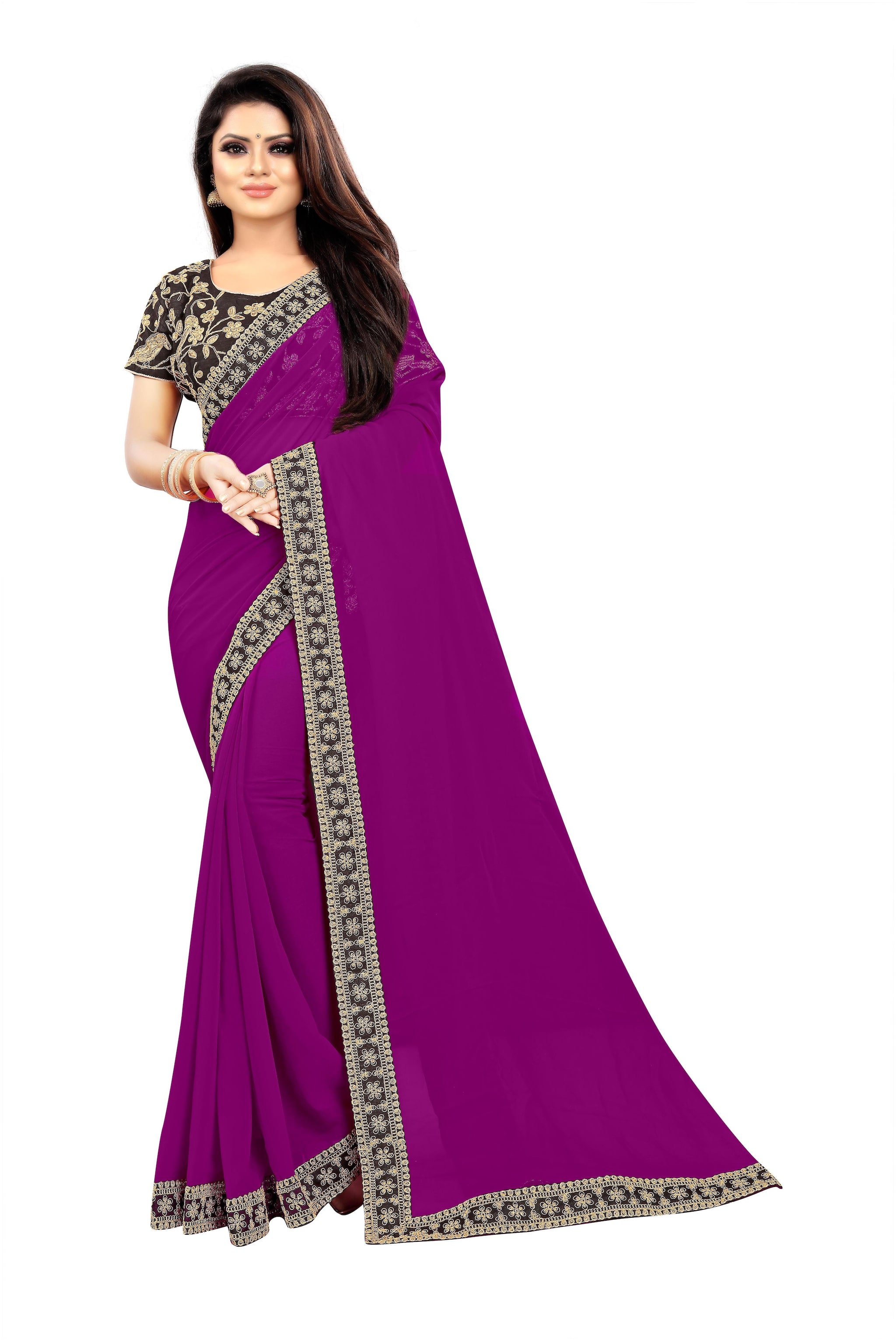 

Aldwych Purple Solid Universal Designer Saree With Blouse With blouse