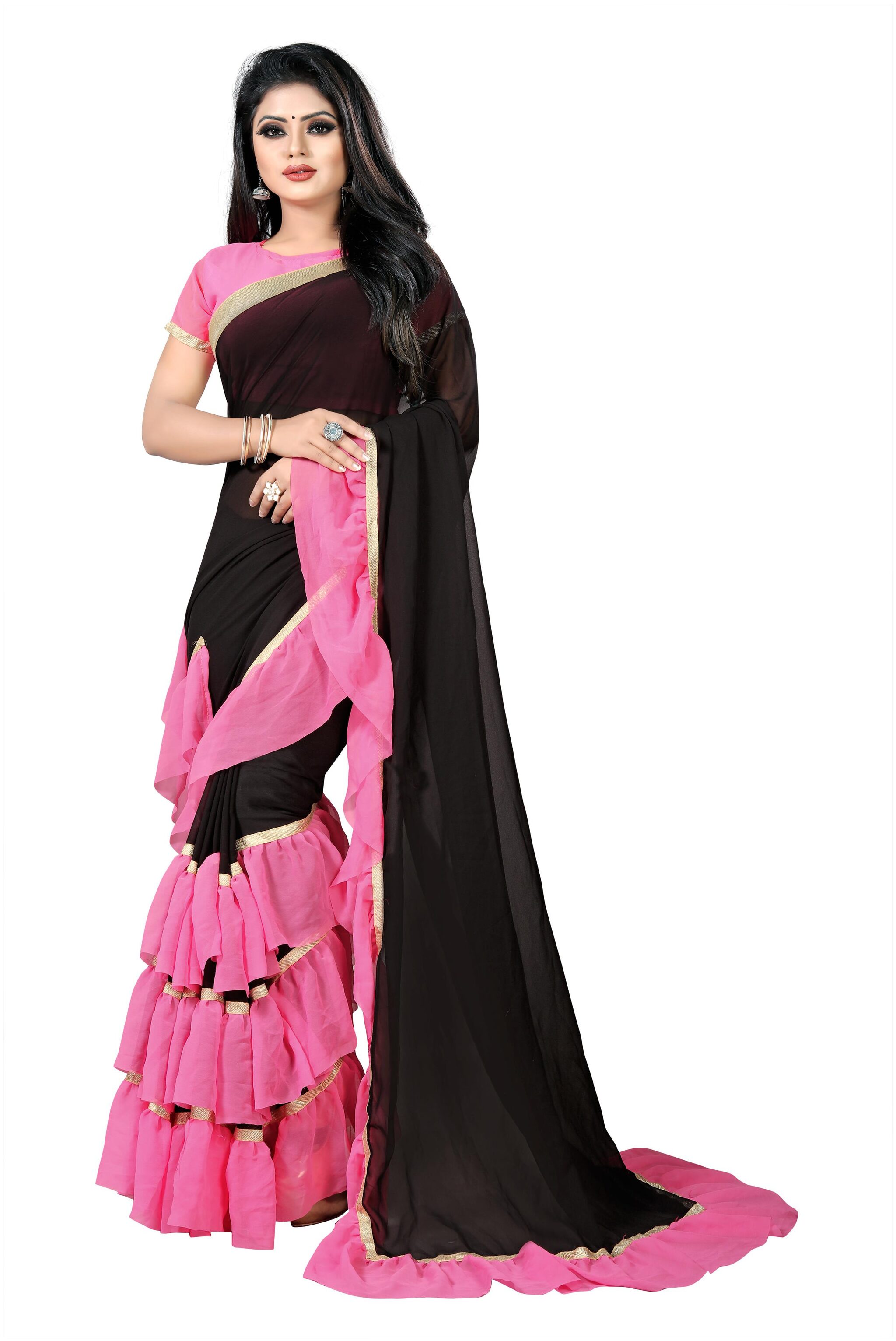 

Aldwych Black Pink Solid Universal Regular Saree With Blouse With blouse