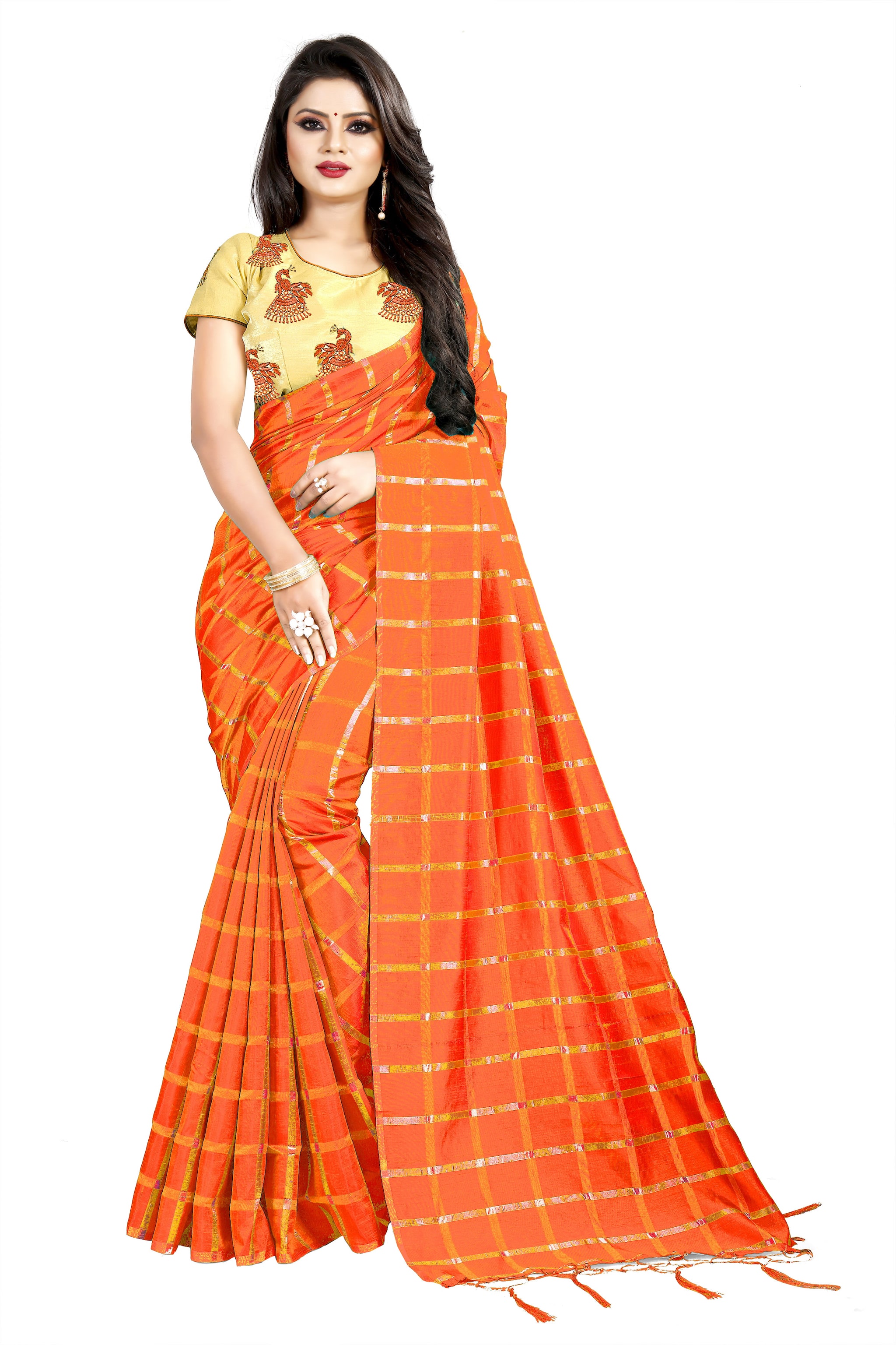 

Aldwych Orange Checkered Universal Regular Saree With Blouse With blouse