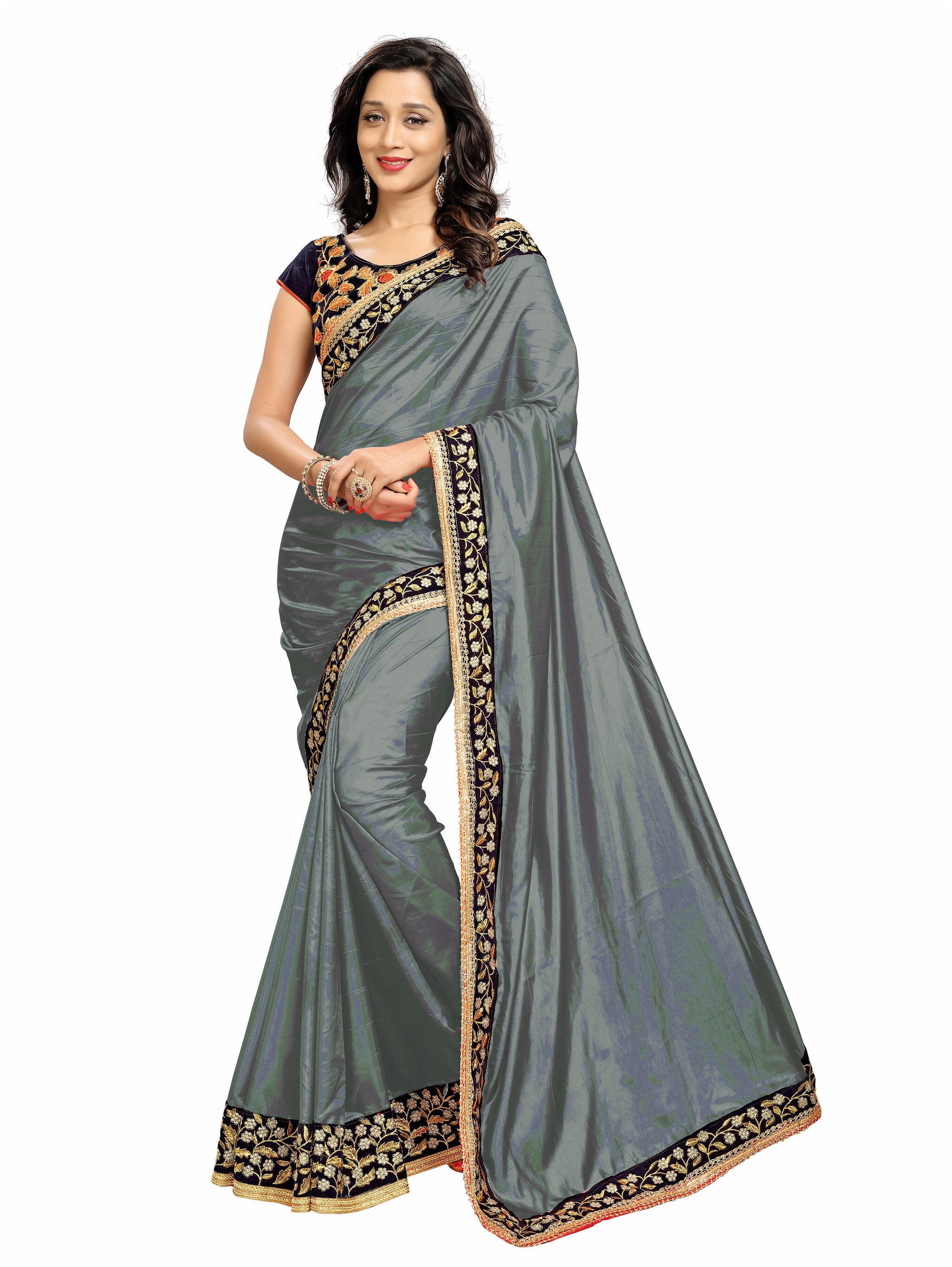 

Aldwych Grey Solid Universal Regular Saree With Blouse With blouse