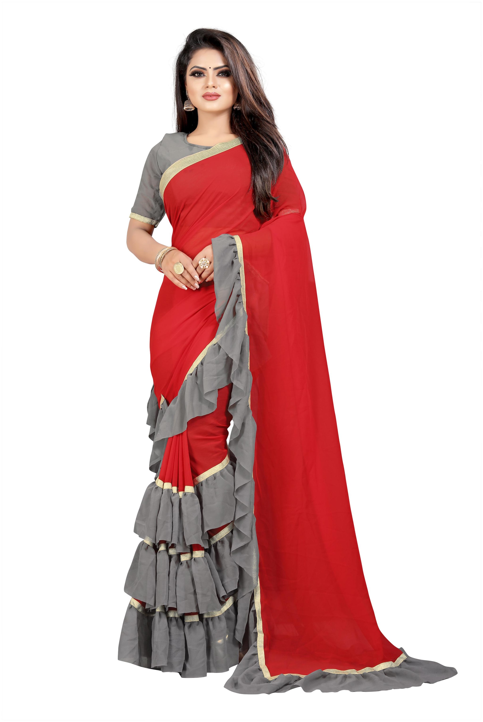 

Aldwych Women Georgette Solid Grey Red Ruffle Saree With Blouse