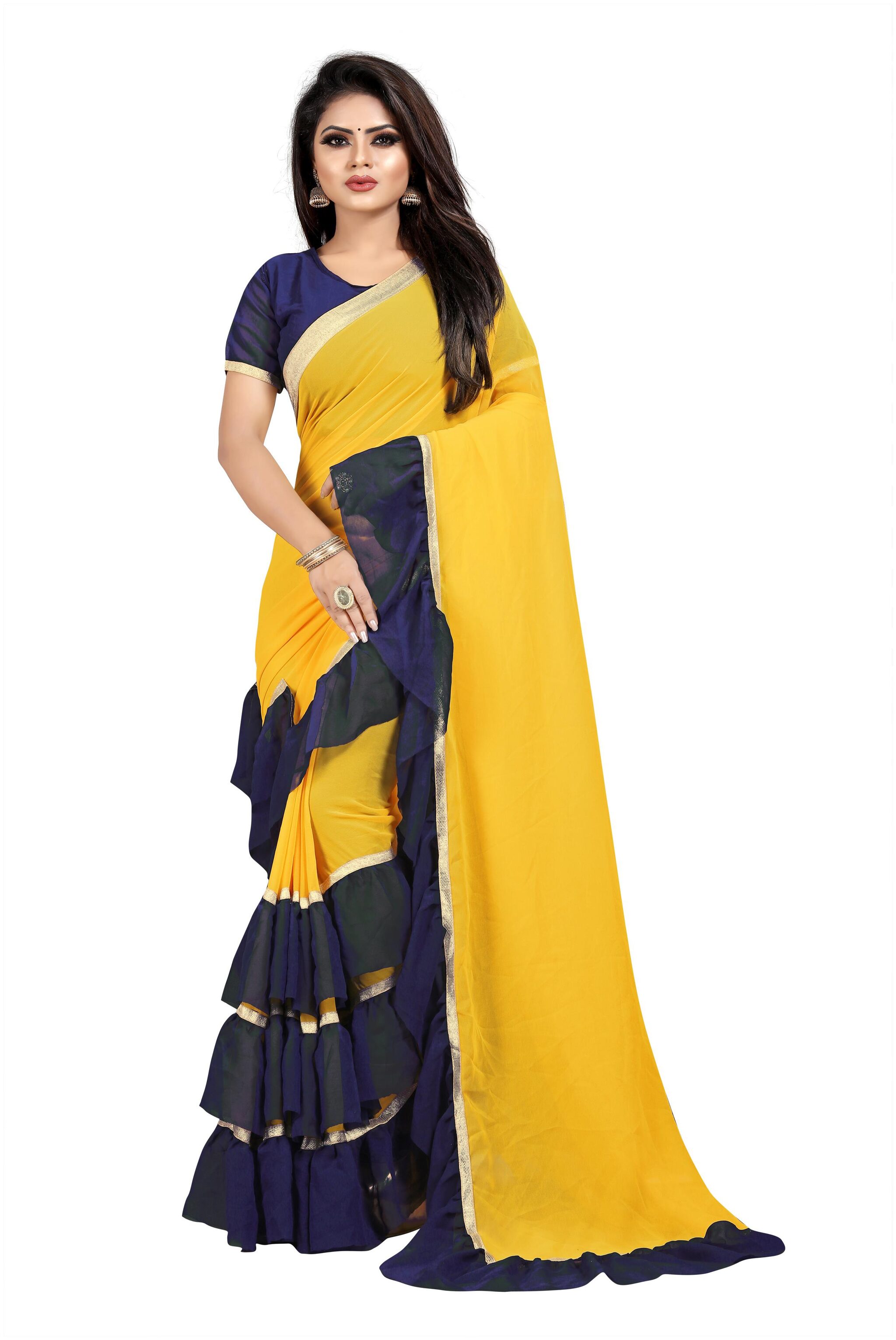 

Aldwych Women Georgette Solid Navy Blue Yellow Ruffle Saree With Blouse
