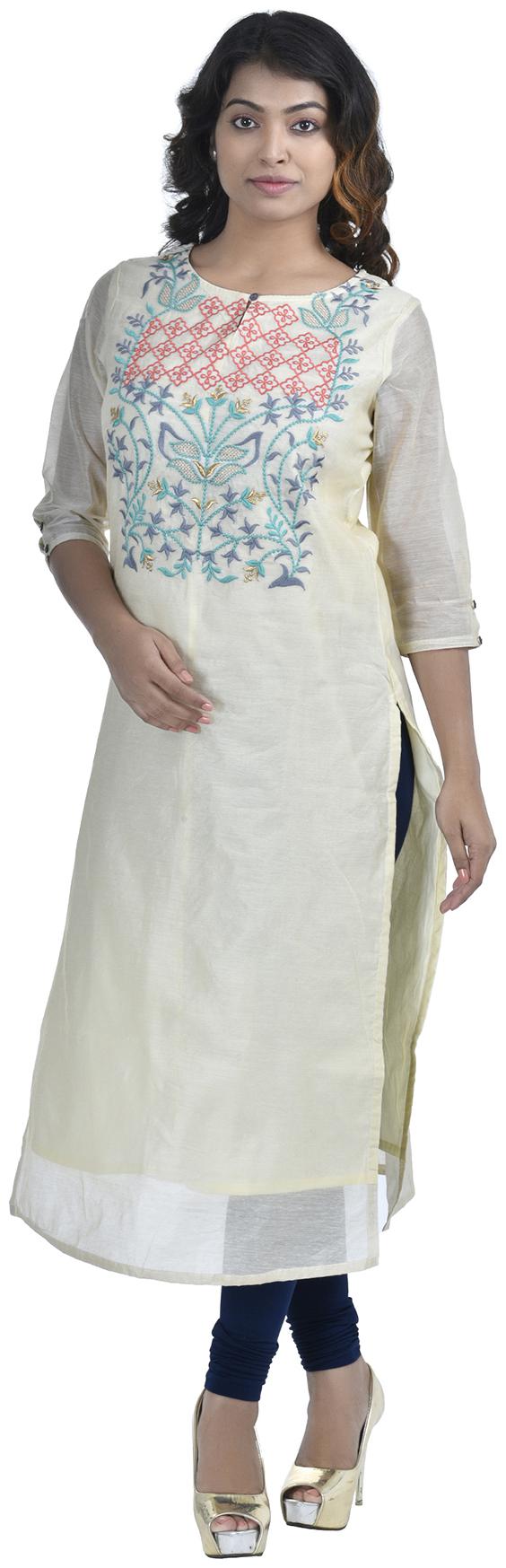 

South India Shopping Mall Women Beige Embroidered Straight Kurti
