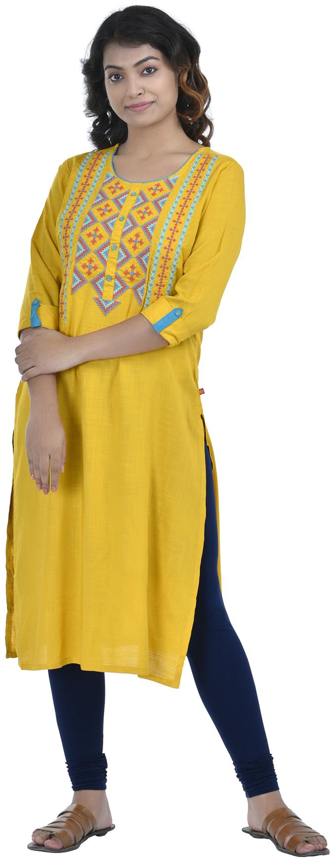 

South India Shopping Mall Women Yellow Embroidered Straight Kurti