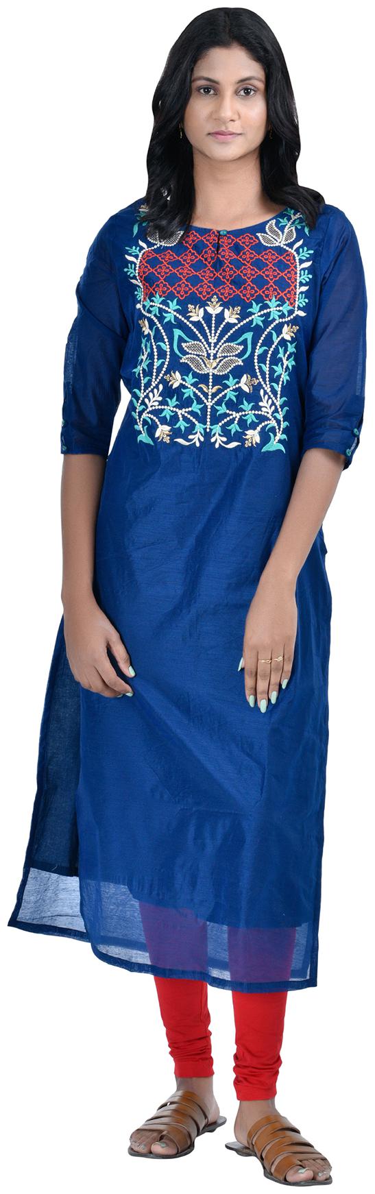 

South India Shopping Mall Women Blue Embroidered Straight Kurti