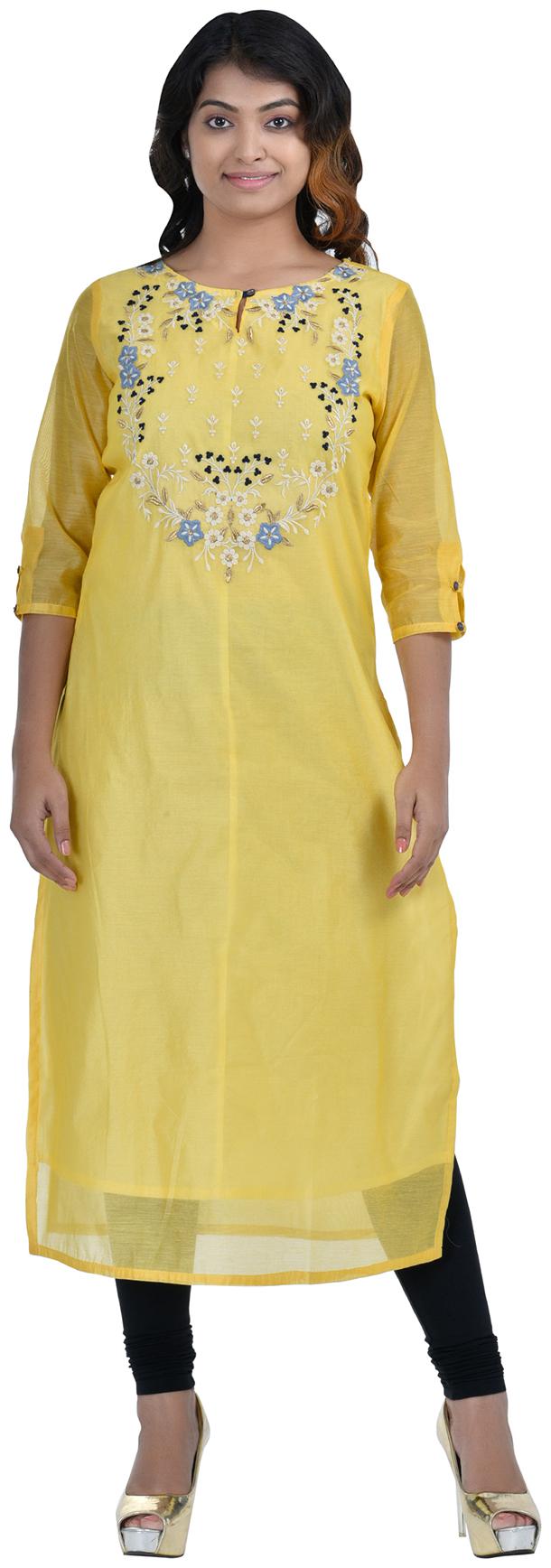 

South India Shopping Mall Women Yellow Embroidered Straight Kurti
