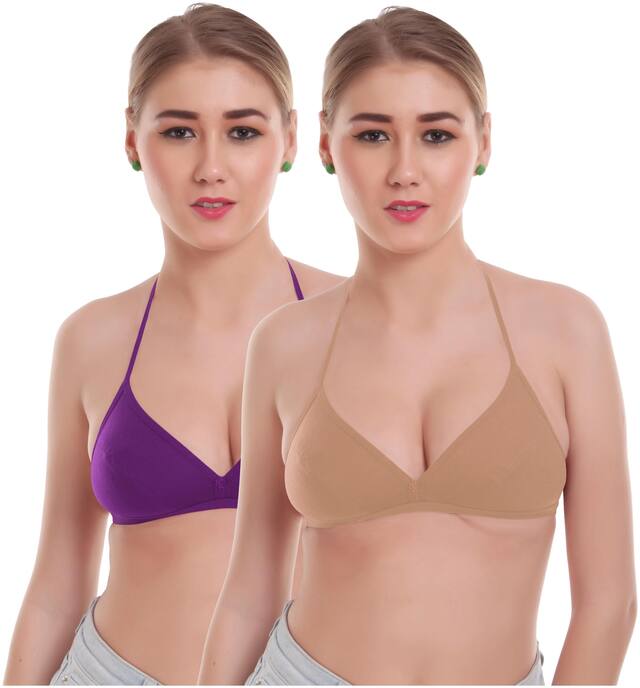 Alishan Pack of 2 Non Padded Cotton T Shirt Bra - Purple , Beige