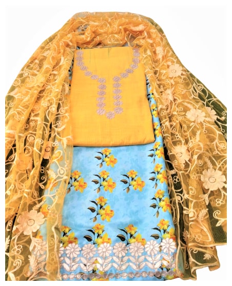 

Aliya Fashion Mart Yellow Blue Unstitched Kurta with bottom dupatta With dupatta Dress Material