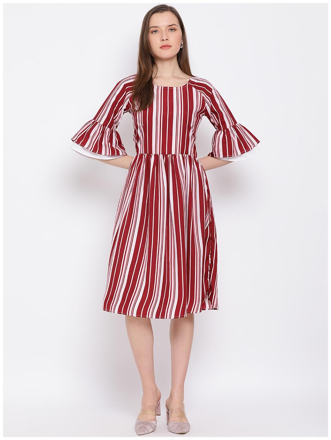 

All Ways You Maroon White Striped Fit flare dress