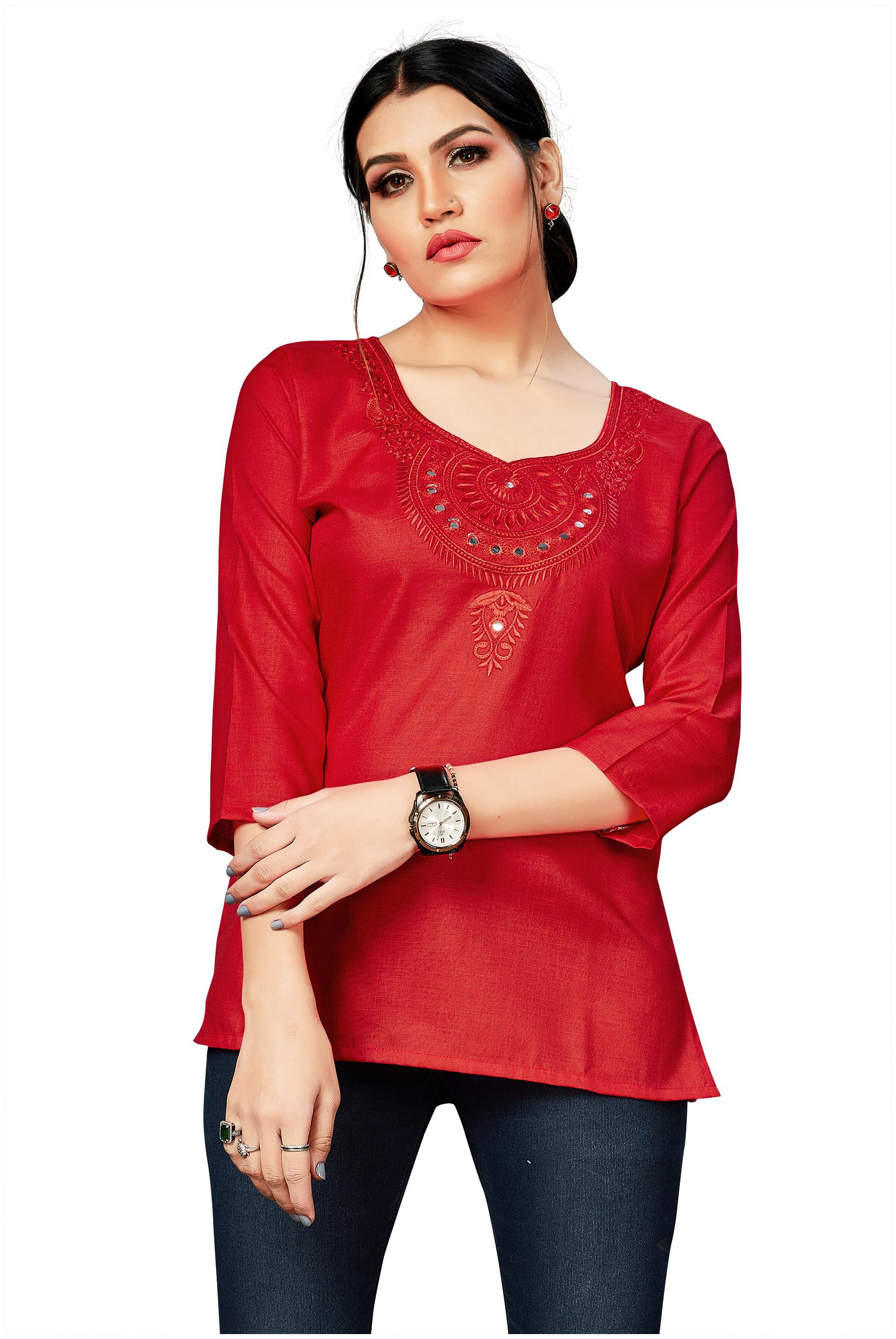 

Alnozy Women Cotton Embroidered Red Top