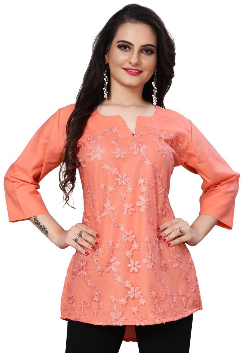 

Alnozy Women Cotton Embroidered Peach Top