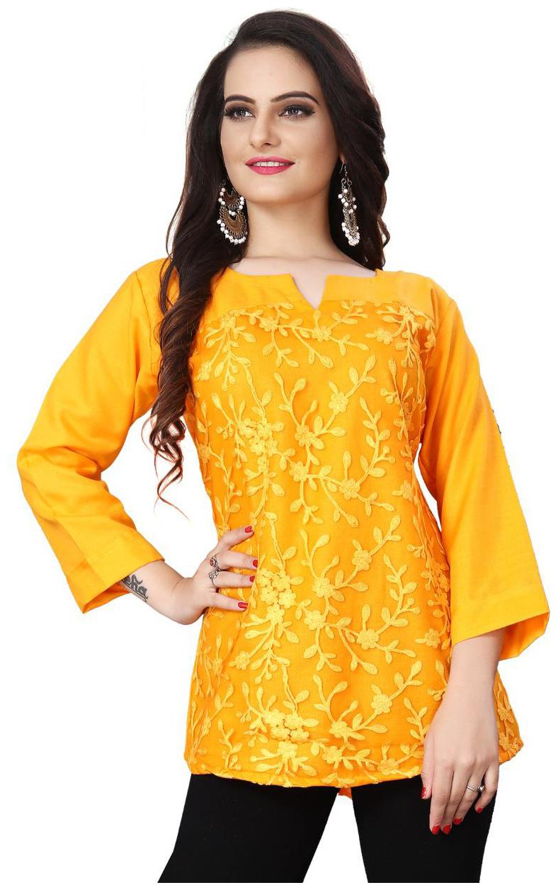 

Alnozy Women Cotton Embroidered Yellow Top