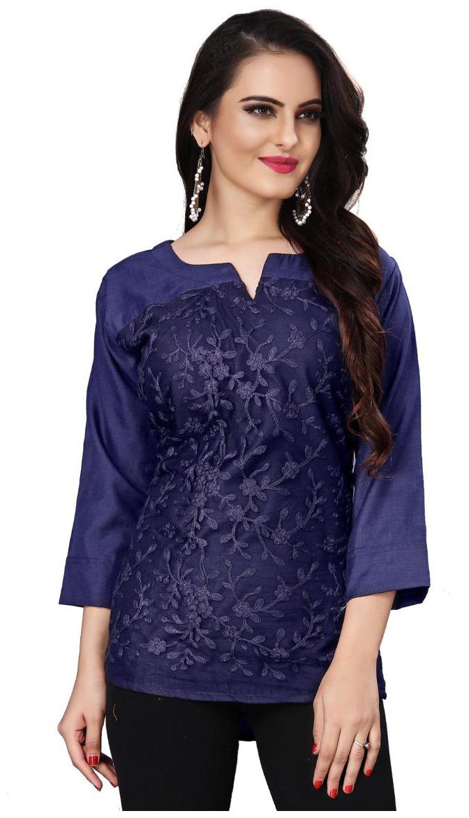 

Alnozy Women Cotton Embroidered Blue Top