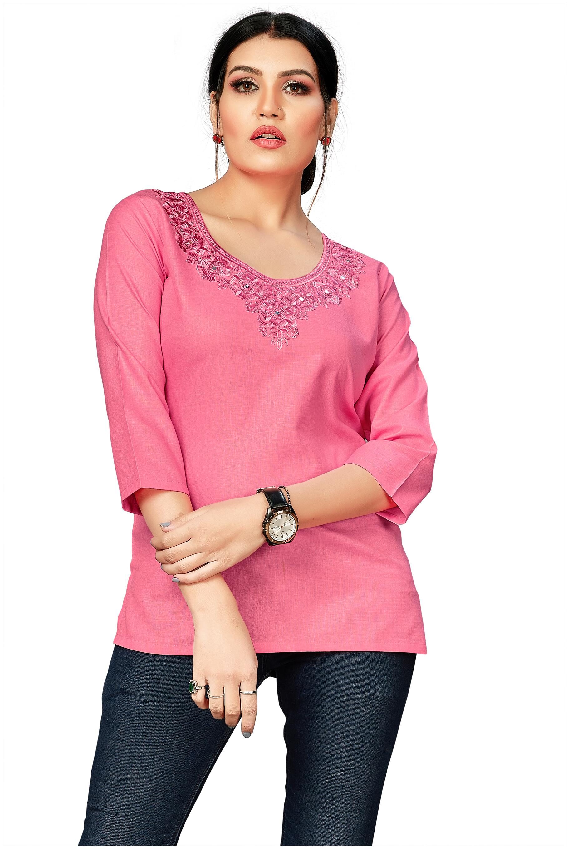 

Alnozy Women Cotton Embroidered Pink Top