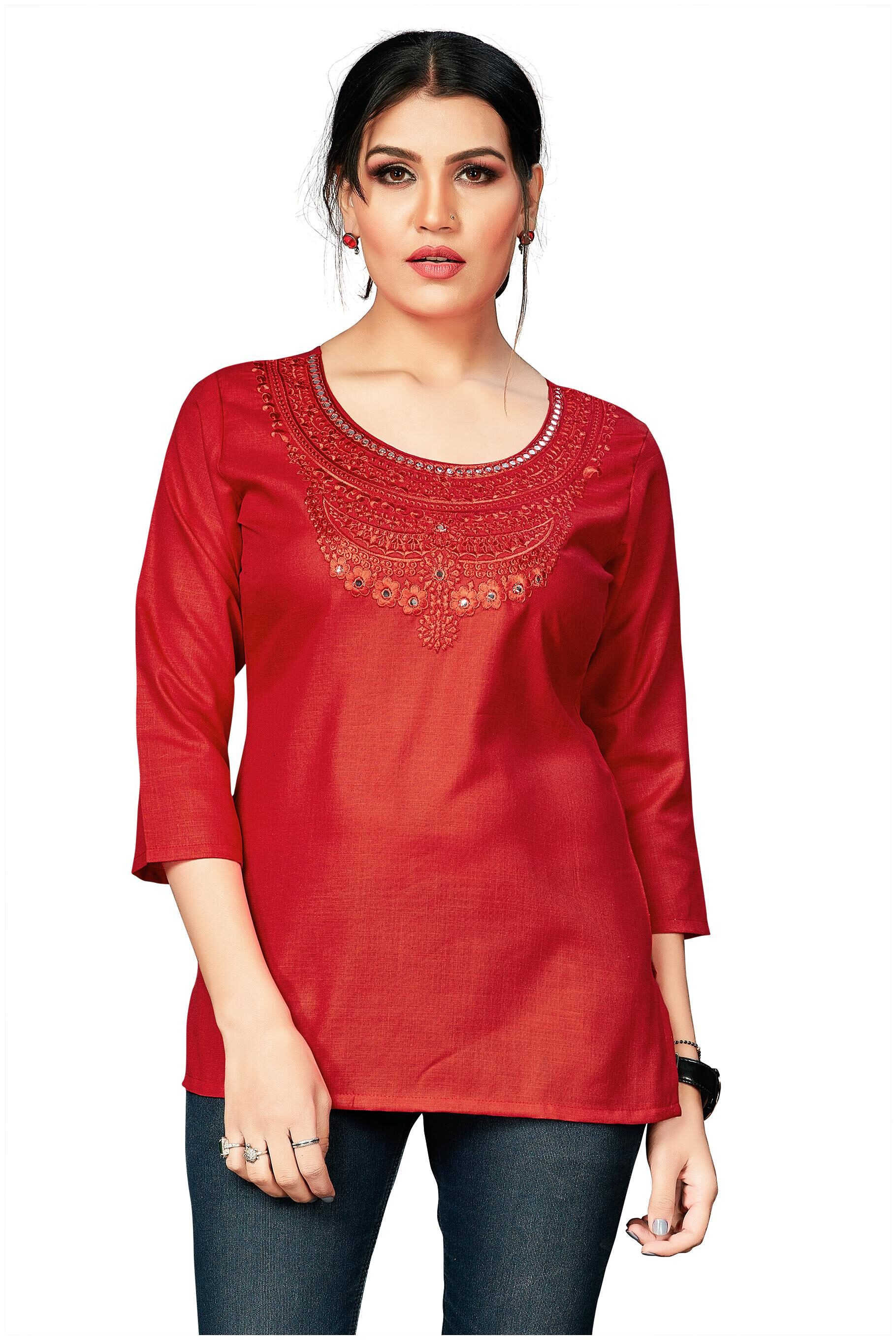 

Alnozy Women Cotton Embroidered Red Top