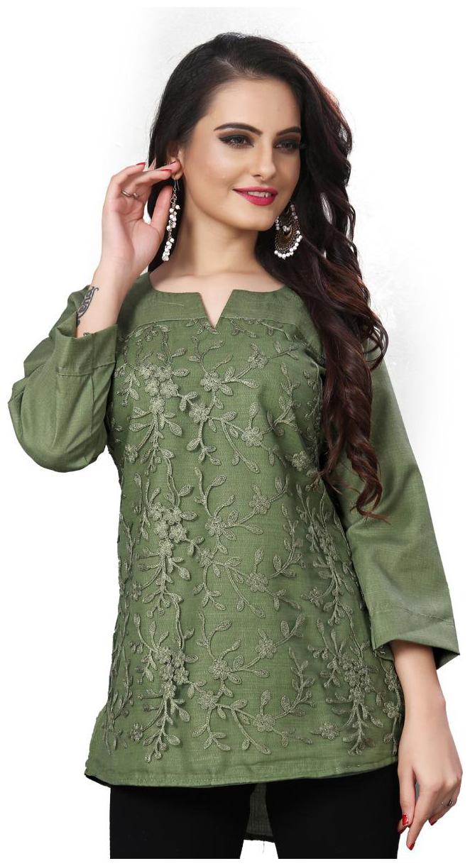 

Alnozy Women Cotton Embroidered Green Top