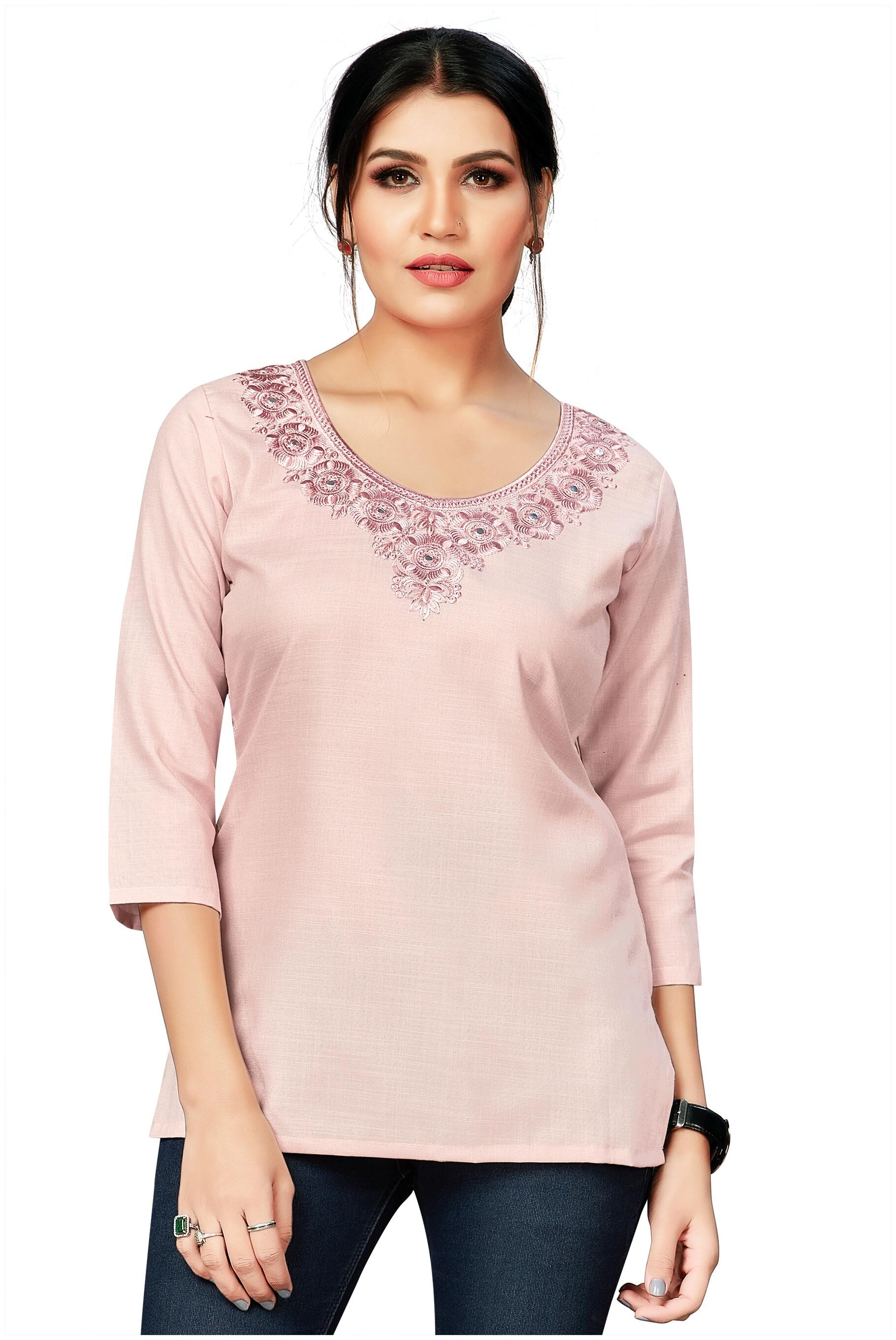 

Alnozy Women Cotton Embroidered Peach Top