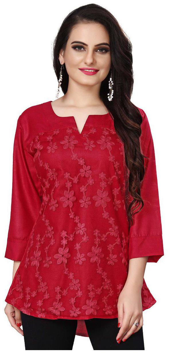 

Alnozy Women Cotton Embroidered Maroon Top