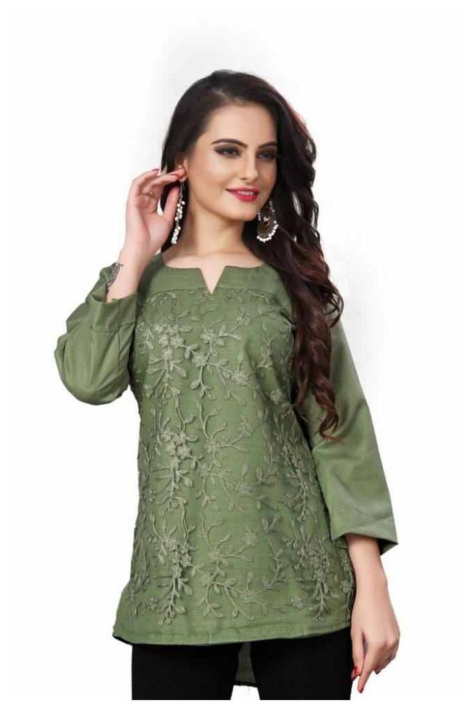 

Alposh Net Embroidered Olive Top For Women