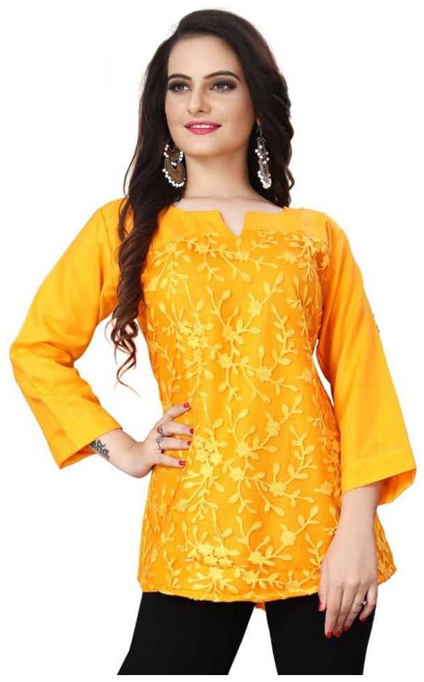 

ALPOSH Women Embroidered Regular top - Yellow