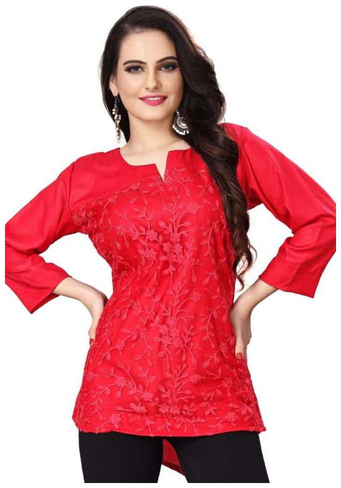 

ALPOSH Women Embroidered Regular top - Red