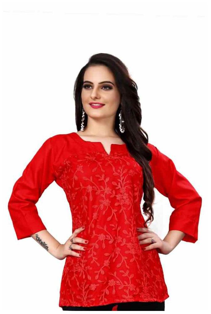 

ALPOSH Women Embroidered Regular top - Red